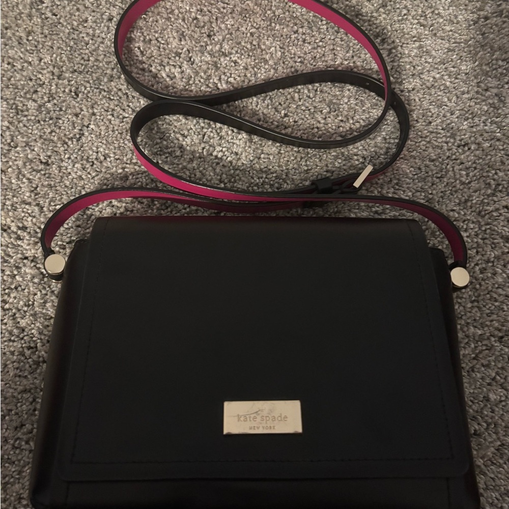 kate spade Black Crossbody Bag with Pink-Trim Strap and pink inside